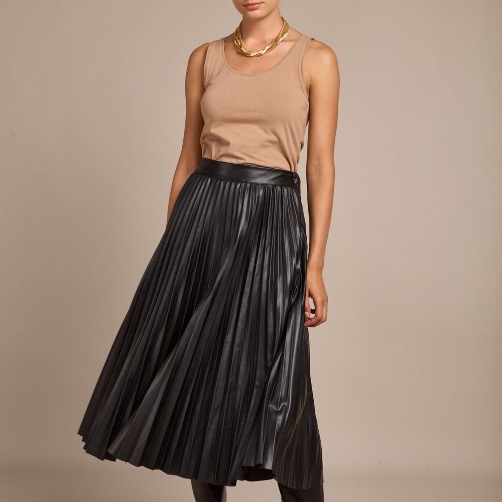 Black A-Line Pleated Faux Leather Midi Skirt